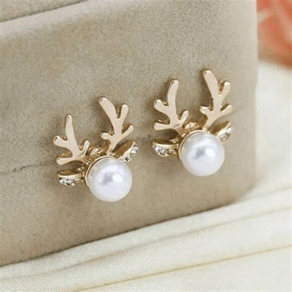Reindeer Pearl Diamond Gold Plated Stud Earrings - Picture 4 of 7